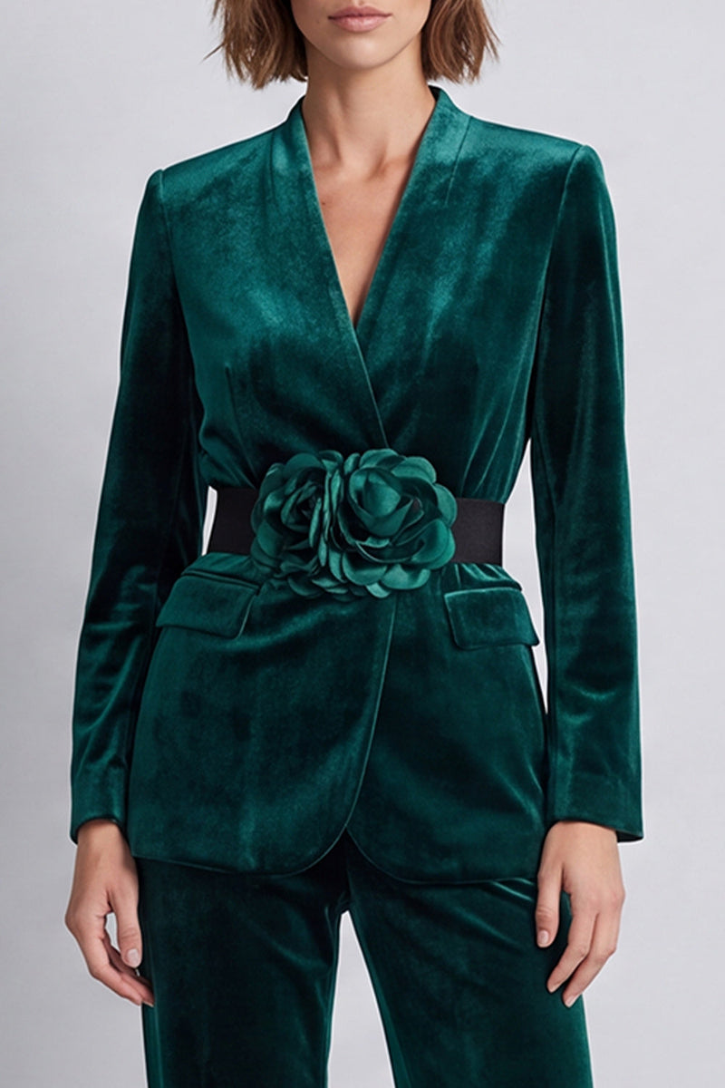 Load image into Gallery viewer, Dark Green V-Neck Velvet 2 Piece Work Suits with 3D Flowers