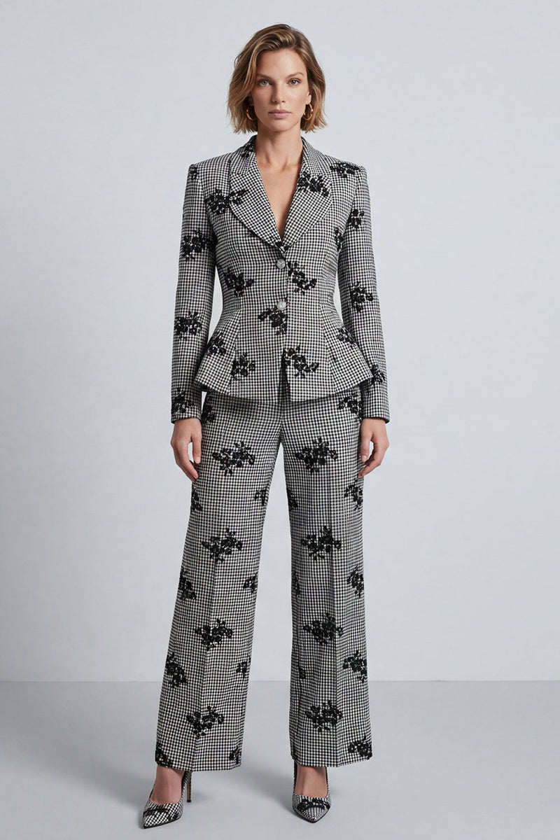 Load image into Gallery viewer, Black and White Floral 2-Piece Plaid Work Suits