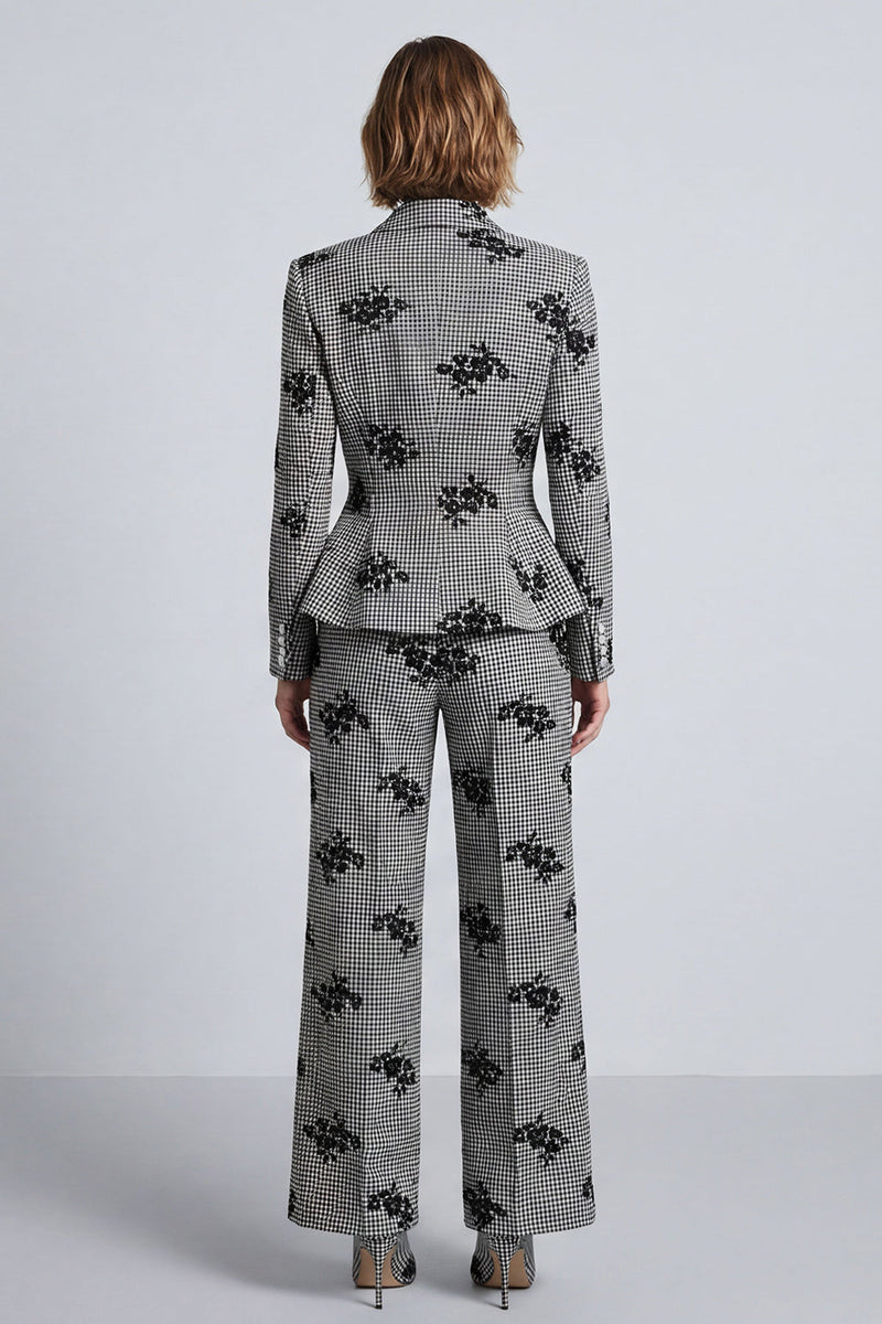 Load image into Gallery viewer, Black and White Floral 2-Piece Plaid Work Suits