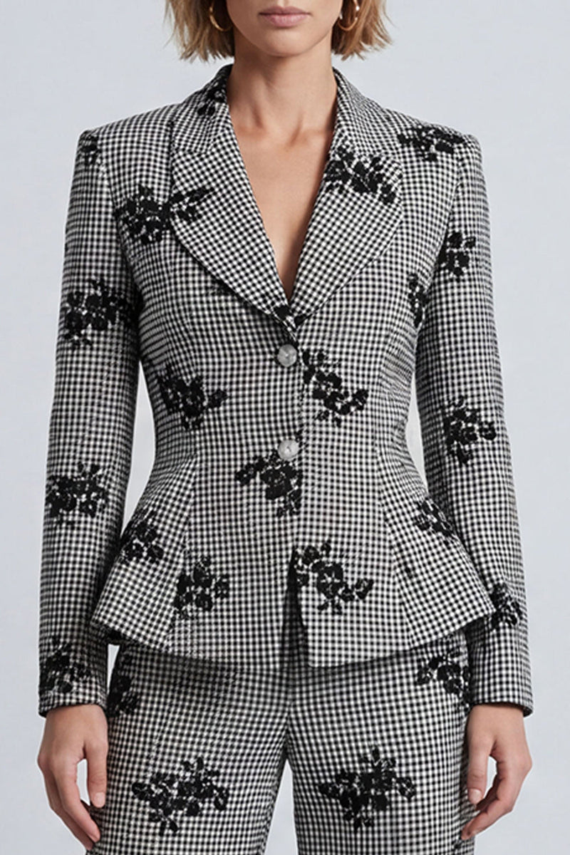 Load image into Gallery viewer, Black and White Floral 2-Piece Plaid Work Suits
