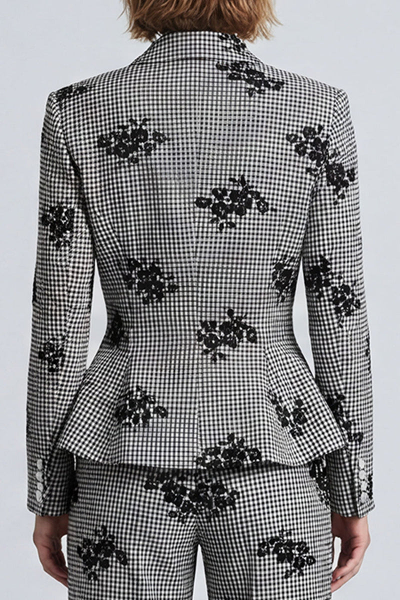 Load image into Gallery viewer, Black and White Floral 2-Piece Plaid Work Suits