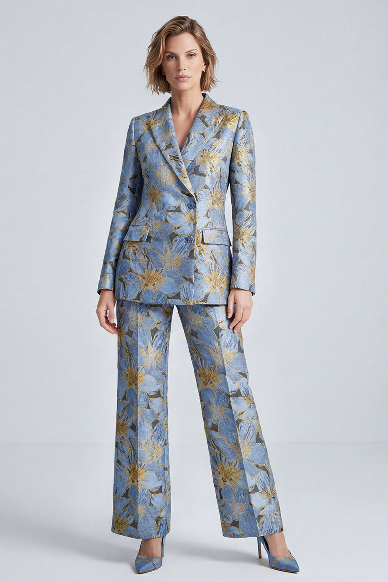 Load image into Gallery viewer, Dusty Blue Peak Lapel Floral 2 Piece Prom Suits