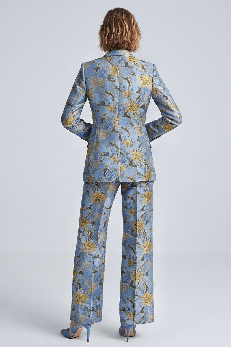 Load image into Gallery viewer, Dusty Blue Peak Lapel Floral 2 Piece Prom Suits