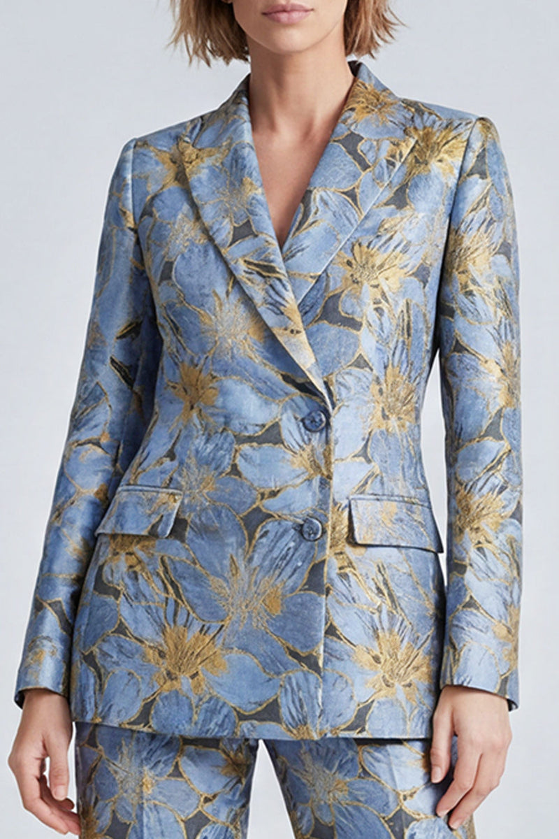 Load image into Gallery viewer, Dusty Blue Peak Lapel Floral 2 Piece Prom Suits