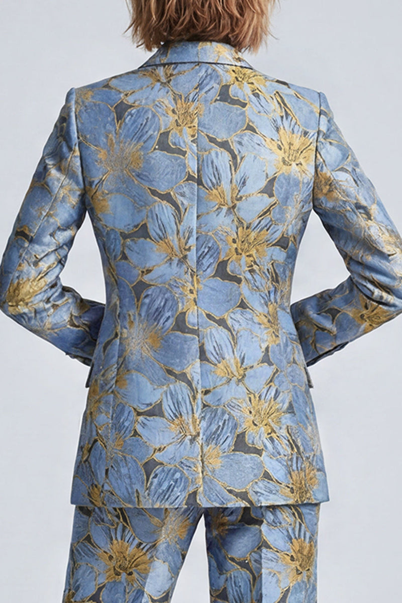 Load image into Gallery viewer, Dusty Blue Peak Lapel Floral 2 Piece Prom Suits