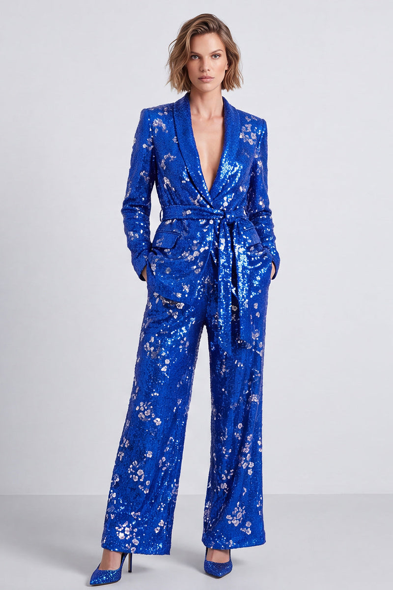 Load image into Gallery viewer, Sparkly Royal Blue Sequins 2 Piece Shawl Lapel Prom Suits with Sash