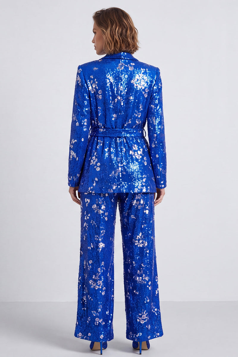 Load image into Gallery viewer, Sparkly Royal Blue Sequins 2 Piece Shawl Lapel Prom Suits with Sash