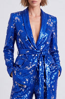 Load image into Gallery viewer, Sparkly Royal Blue Sequins 2 Piece Shawl Lapel Prom Suits with Sash