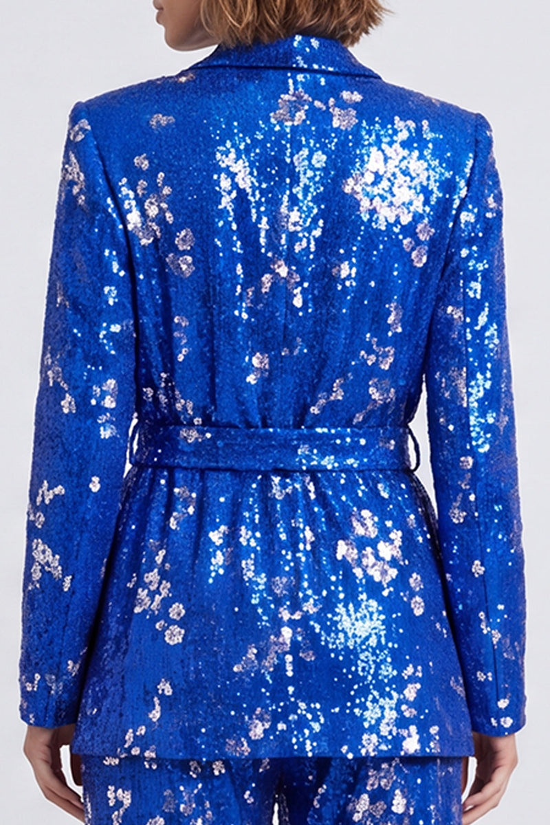 Load image into Gallery viewer, Sparkly Royal Blue Sequins 2 Piece Shawl Lapel Prom Suits with Sash