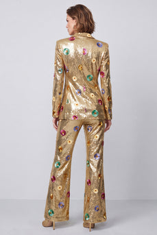Sparkly 2 Piece Gold Peak Lapel Sequins Prom Suits
