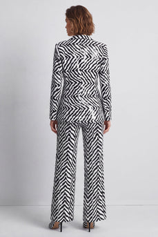 Black and White Sequin Peak Lapel Striped 2 Piece Work Suits