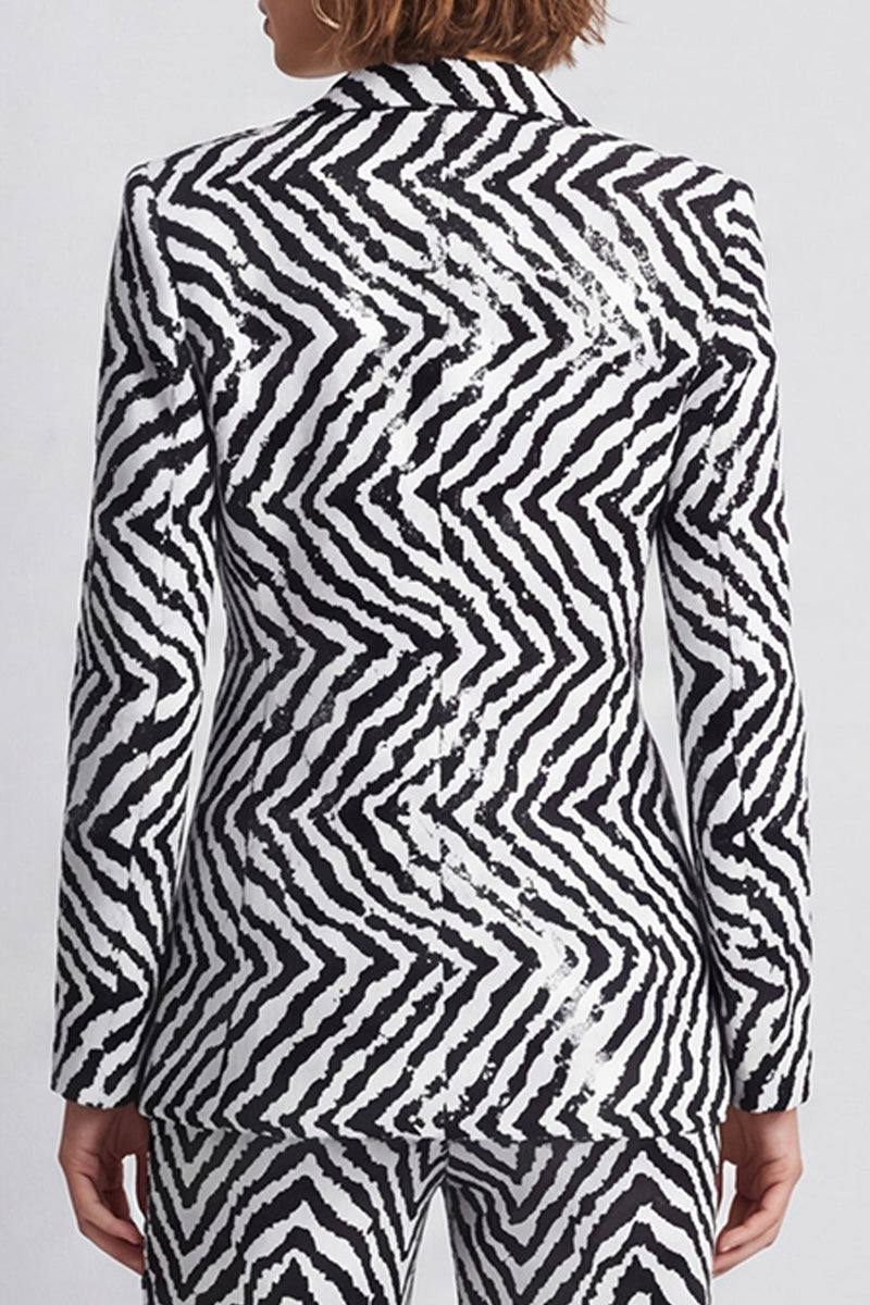Load image into Gallery viewer, Black and White Sequin Peak Lapel Striped 2 Piece Work Suits