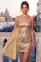 Load image into Gallery viewer, Sparkly Blue Sequin Tight Short Cocktail Dress with Neck Scarf