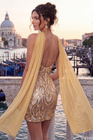 Load image into Gallery viewer, Sparkly Blue Sequin Tight Short Cocktail Dress with Neck Scarf