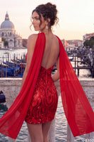 Load image into Gallery viewer, Sparkly Blue Sequin Tight Short Cocktail Dress with Neck Scarf