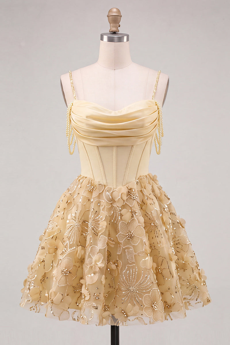 Load image into Gallery viewer, Floral Pink Beaded Cold Shoulder A-Line Short Corset Cocktail Dress