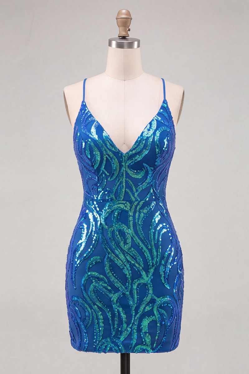 Load image into Gallery viewer, Sparkly Gold Sequin Tight V-Neck Short Cocktail Dress