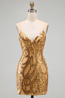 Load image into Gallery viewer, Sparkly Gold Sequin Tight V-Neck Short Cocktail Dress