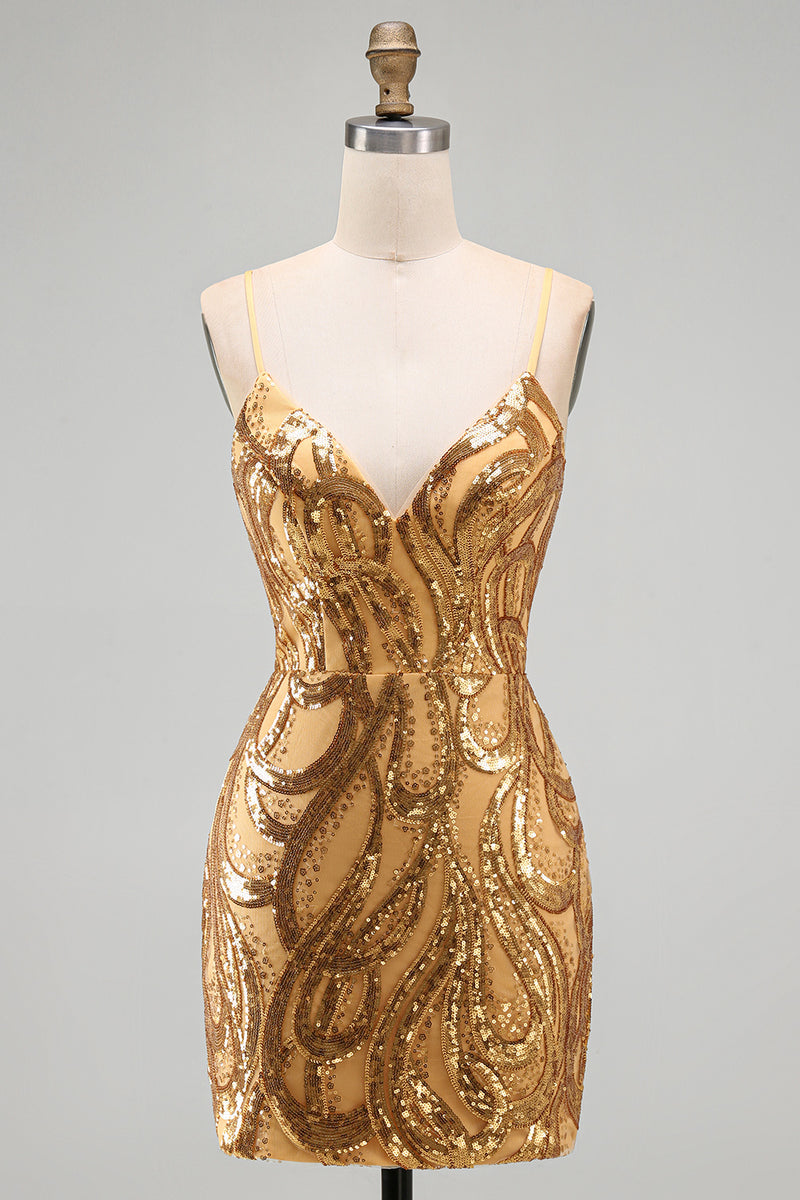 Load image into Gallery viewer, Sparkly Gold Sequin Tight V-Neck Short Cocktail Dress