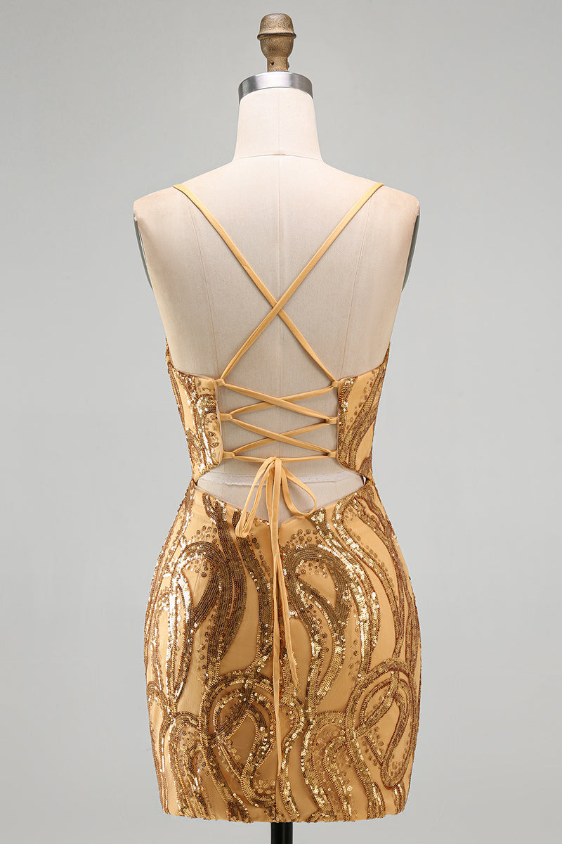 Load image into Gallery viewer, Sparkly Gold Sequin Tight V-Neck Short Cocktail Dress