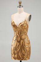 Load image into Gallery viewer, Sparkly Gold Sequin Tight V-Neck Short Cocktail Dress