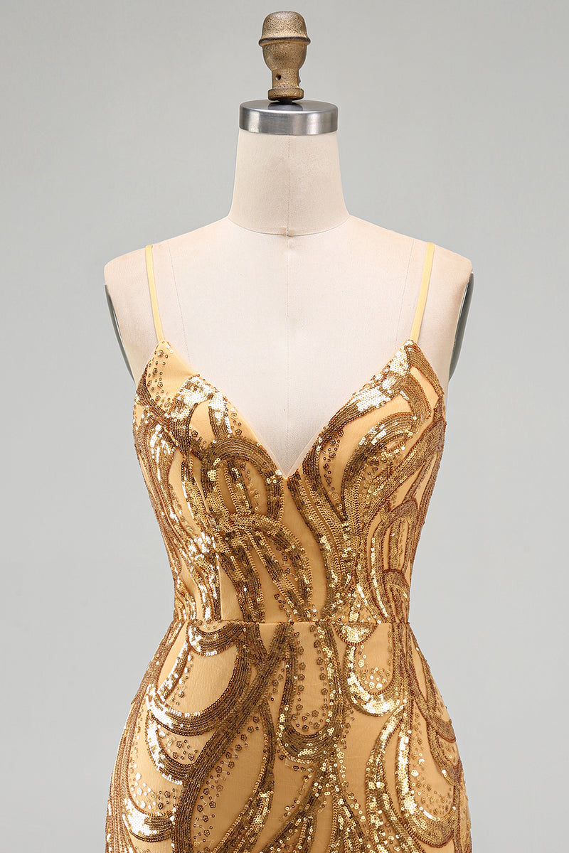 Load image into Gallery viewer, Sparkly Gold Sequin Tight V-Neck Short Cocktail Dress