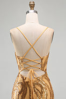 Load image into Gallery viewer, Sparkly Gold Sequin Tight V-Neck Short Cocktail Dress
