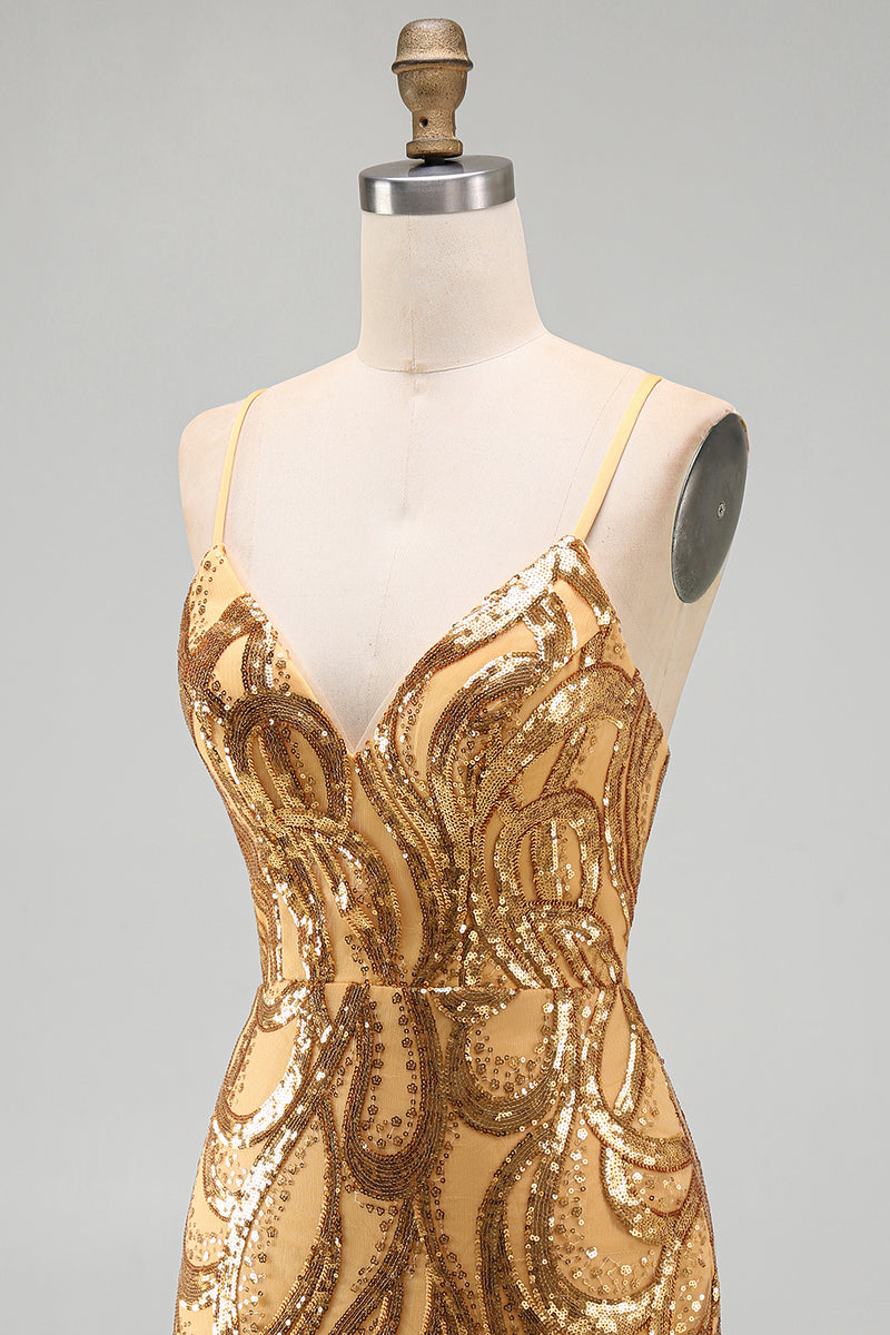 Load image into Gallery viewer, Sparkly Gold Sequin Tight V-Neck Short Cocktail Dress