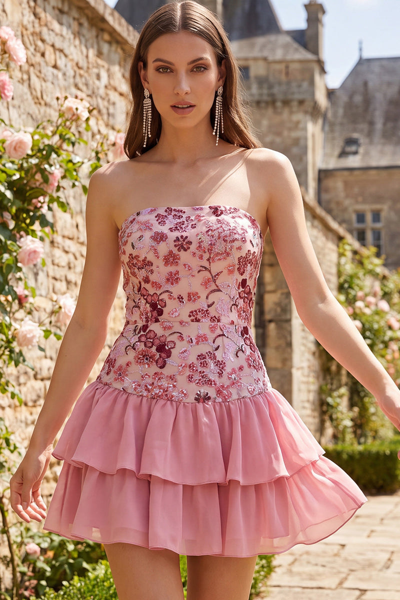 Load image into Gallery viewer, Sparkly Dusty Rose Floral Sequin Ruffled Short Cocktail Dress