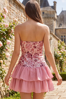 Sparkly Dusty Rose Floral Sequin Ruffled Short Cocktail Dress