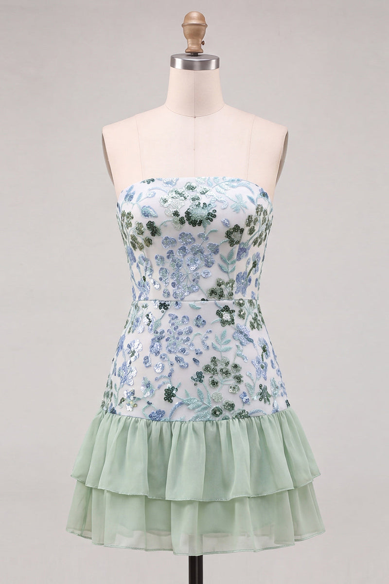 Load image into Gallery viewer, Sparkly Dusty Rose Floral Sequin Ruffled Short Cocktail Dress