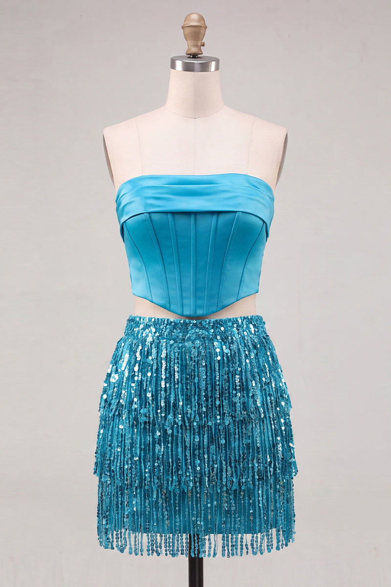 Load image into Gallery viewer, Sparkly Fuchsia Corset Sequin Short Cocktail Dress with Fringes