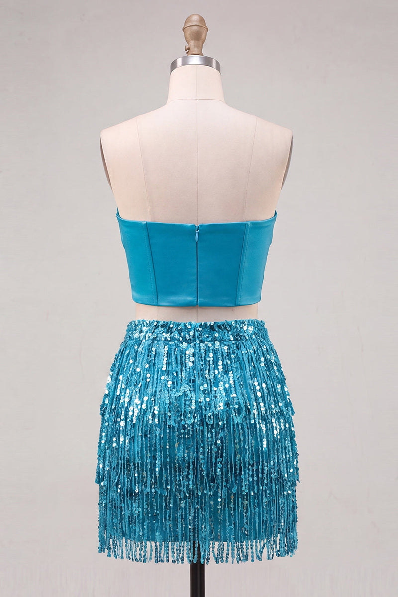 Load image into Gallery viewer, Sparkly Fuchsia Corset Sequin Short Cocktail Dress with Fringes