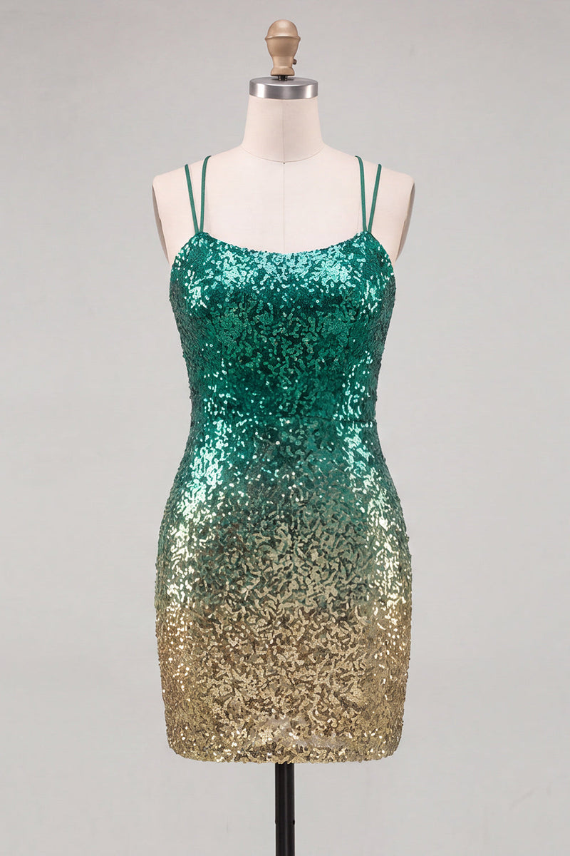 Load image into Gallery viewer, Sparkly Green and Gold Sequin Short Tight Cocktail Dress