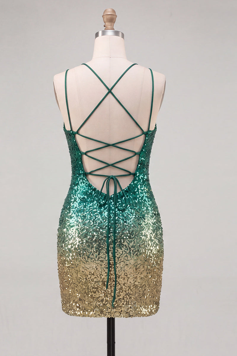 Load image into Gallery viewer, Sparkly Green and Gold Sequin Short Tight Cocktail Dress