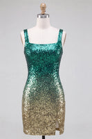 Load image into Gallery viewer, Green and Gold Sparkly Sequin Short Tight Cocktail Dress with Slit