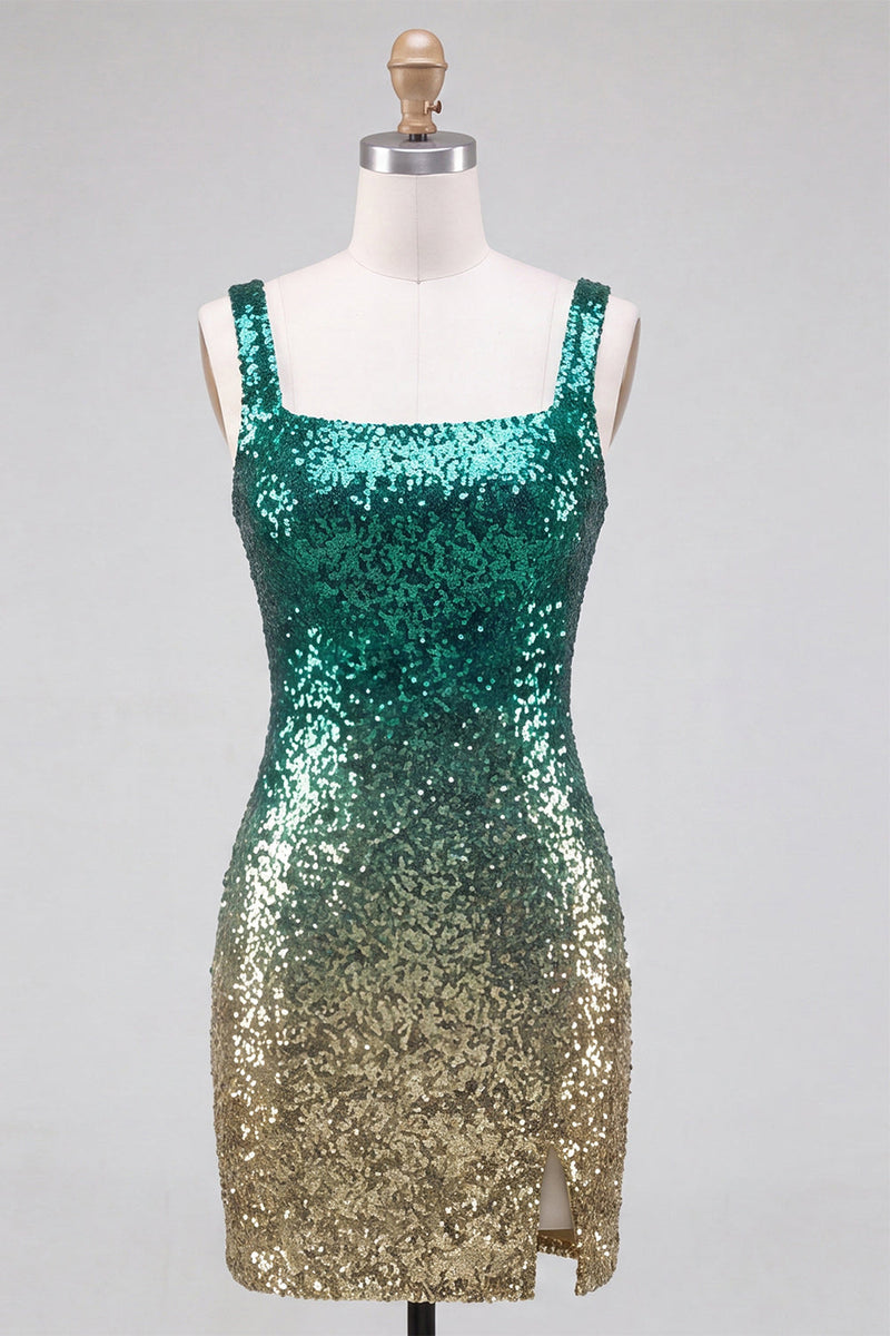 Load image into Gallery viewer, Green and Gold Sparkly Sequin Short Tight Cocktail Dress with Slit
