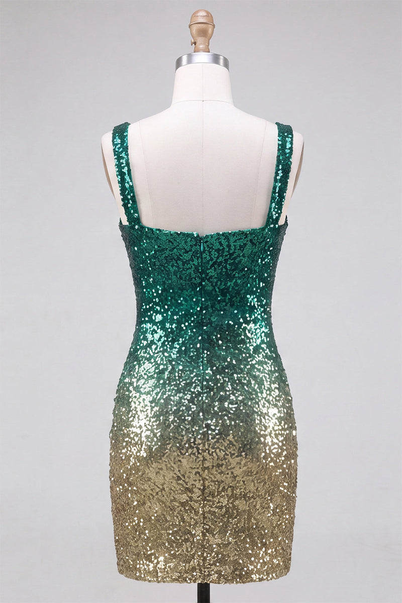 Load image into Gallery viewer, Green and Gold Sparkly Sequin Short Tight Cocktail Dress with Slit