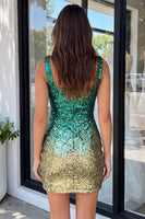 Load image into Gallery viewer, Green and Gold Sparkly Sequin Short Tight Cocktail Dress with Slit