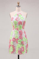 Load image into Gallery viewer, Pink and Green Flower Keyhole Halter Tight Short Cocktail Dress