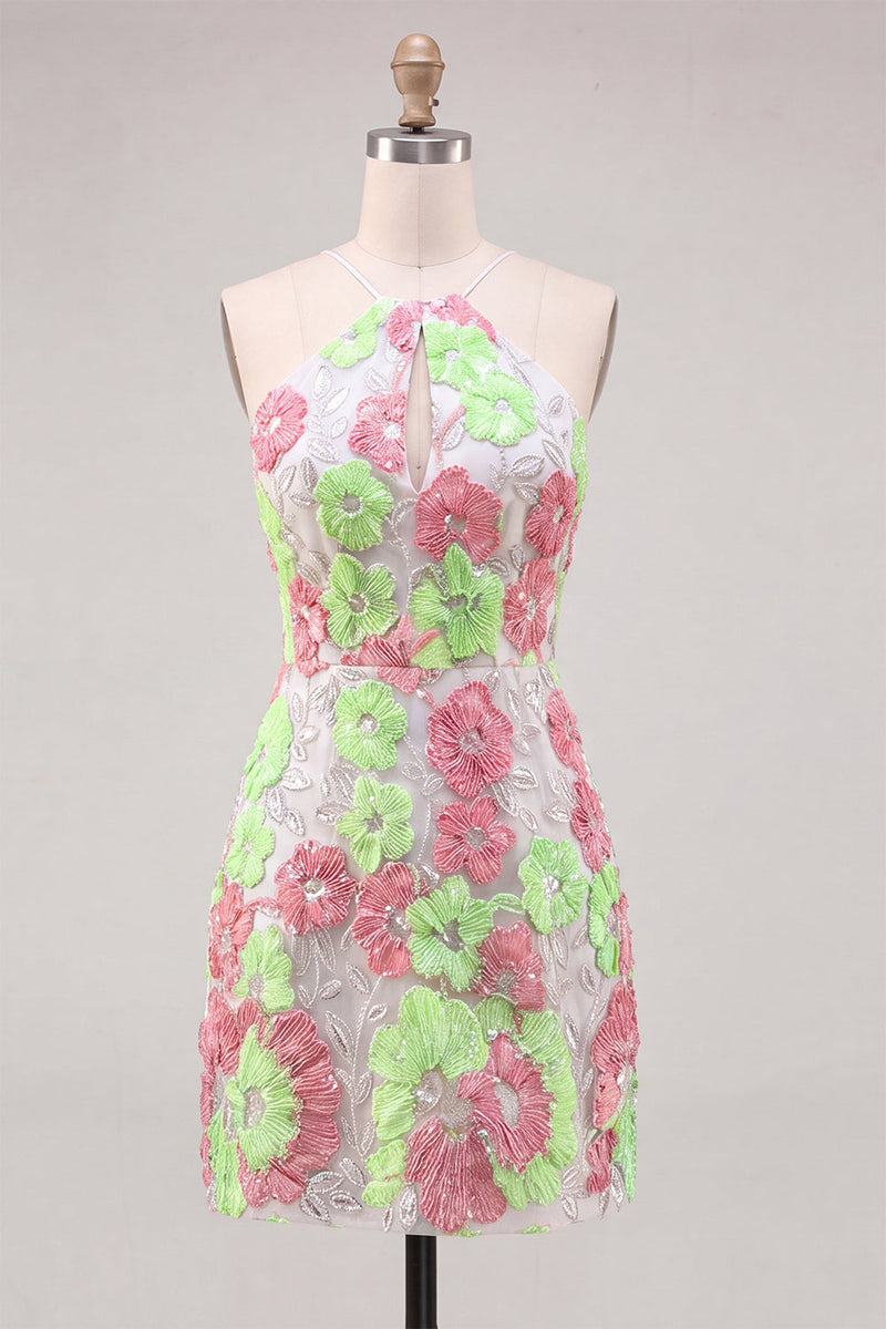 Load image into Gallery viewer, Pink and Green Flower Keyhole Halter Tight Short Cocktail Dress