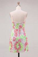 Load image into Gallery viewer, Pink and Green Flower Keyhole Halter Tight Short Cocktail Dress