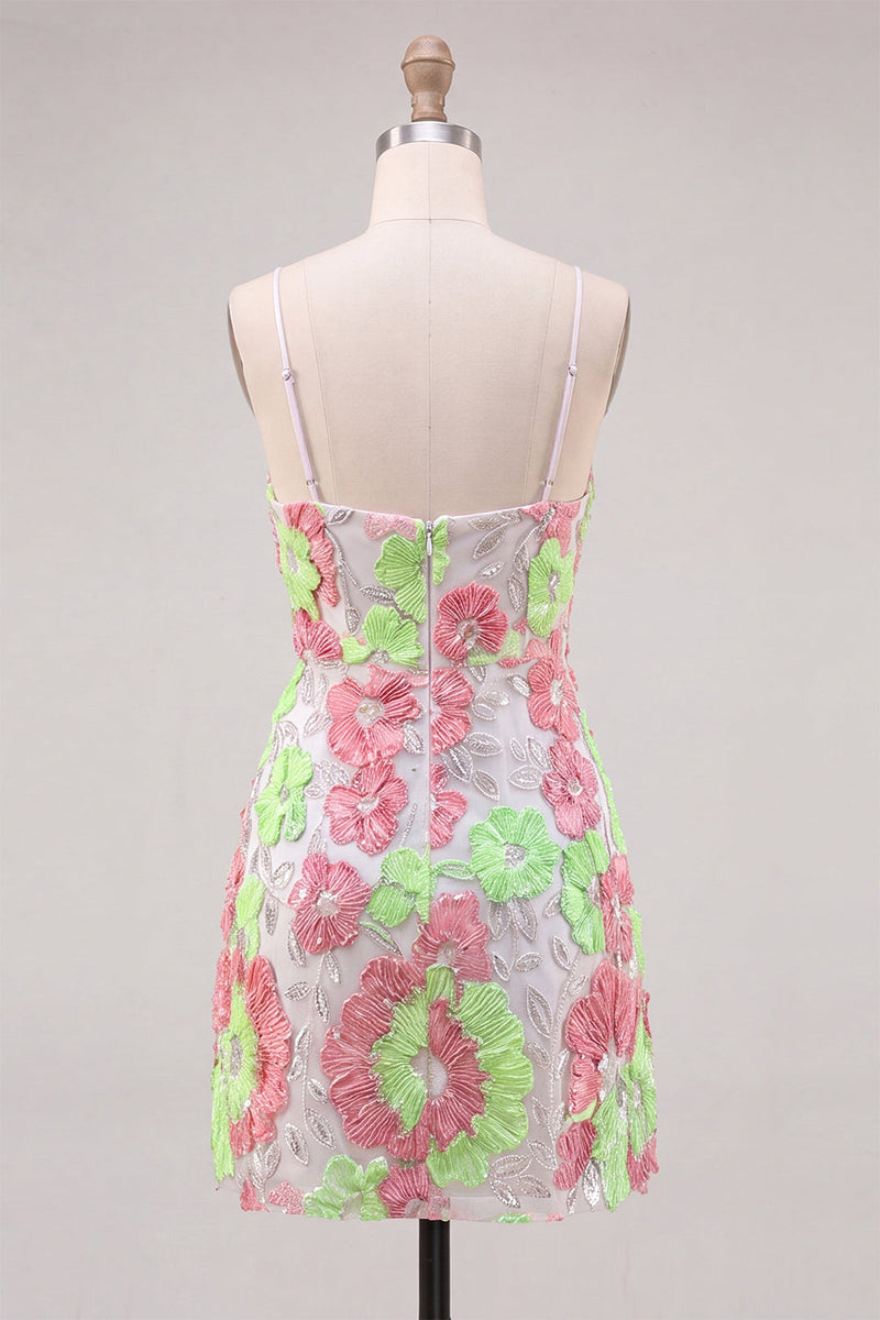 Load image into Gallery viewer, Pink and Green Flower Keyhole Halter Tight Short Cocktail Dress