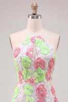 Load image into Gallery viewer, Pink and Green Flower Keyhole Halter Tight Short Cocktail Dress