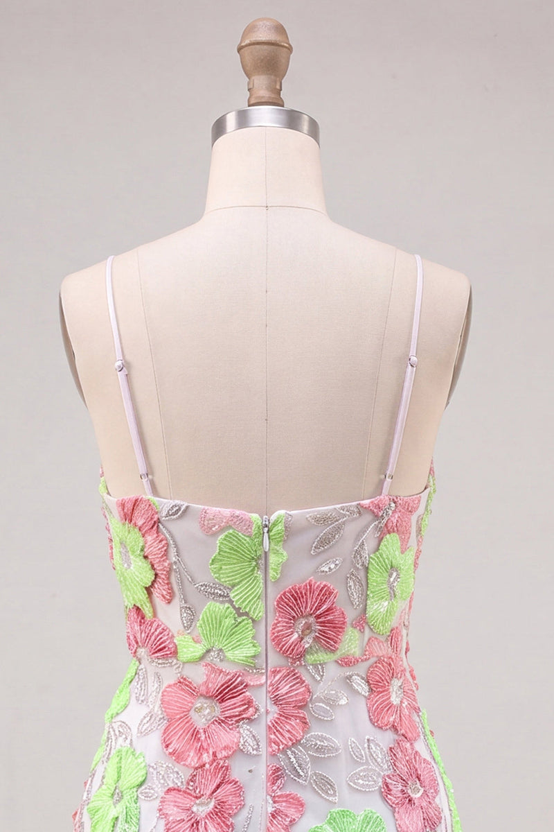 Load image into Gallery viewer, Pink and Green Flower Keyhole Halter Tight Short Cocktail Dress