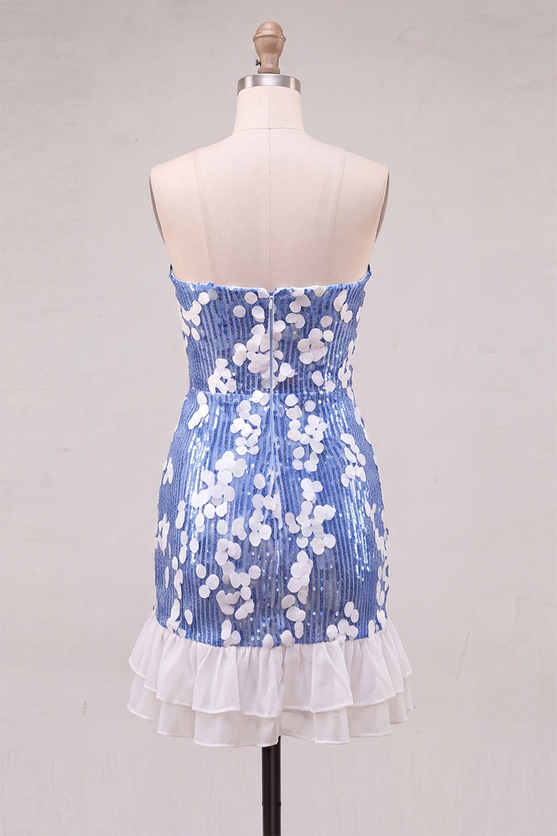 Load image into Gallery viewer, Sparkly Blue Sequin Strapless Short Cocktail Dress with Ruffles