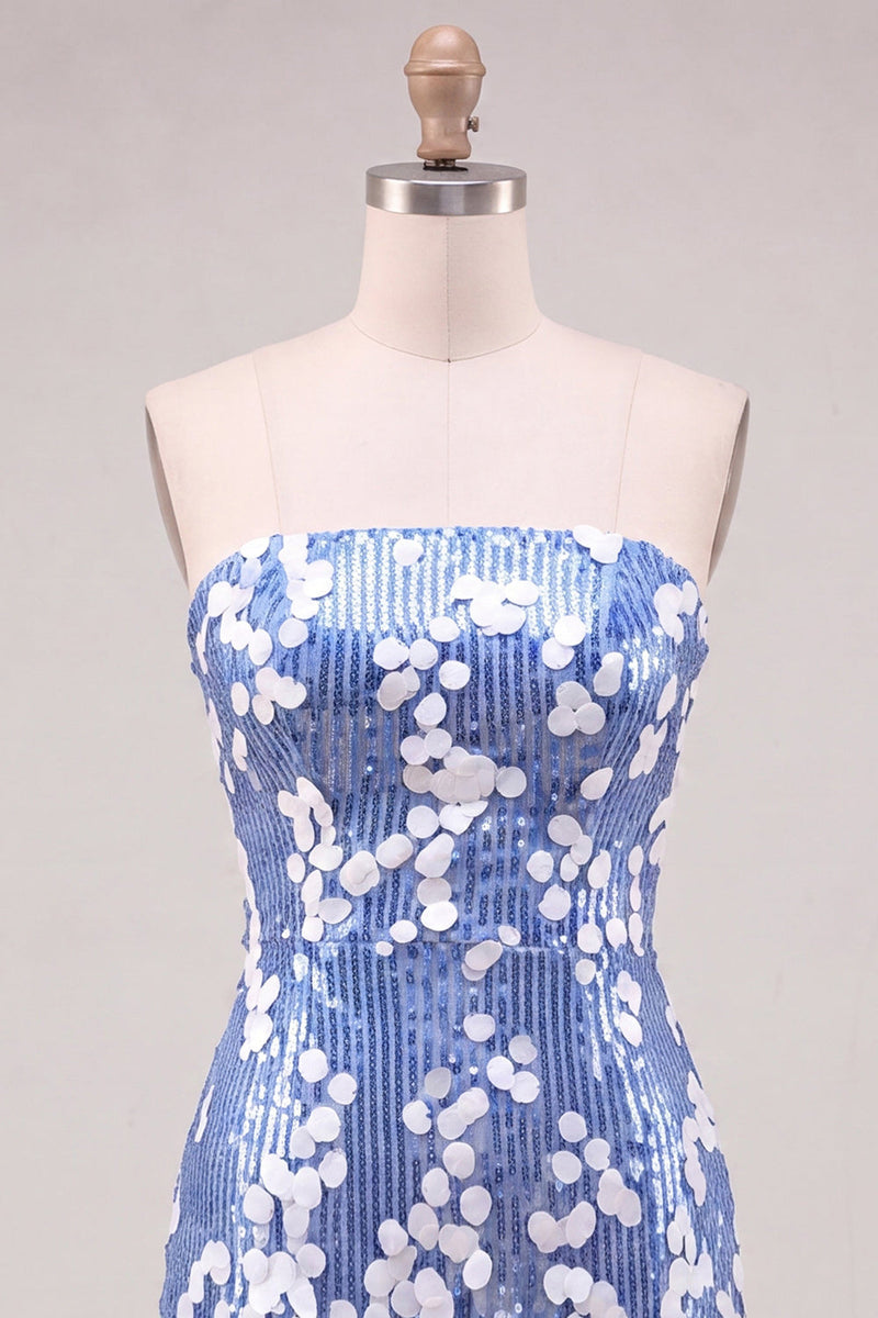 Load image into Gallery viewer, Sparkly Blue Sequin Strapless Short Cocktail Dress with Ruffles