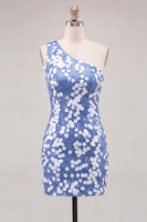 Load image into Gallery viewer, Sparkly Blue Sequin One Shoulder Tight Short Cocktail Dress