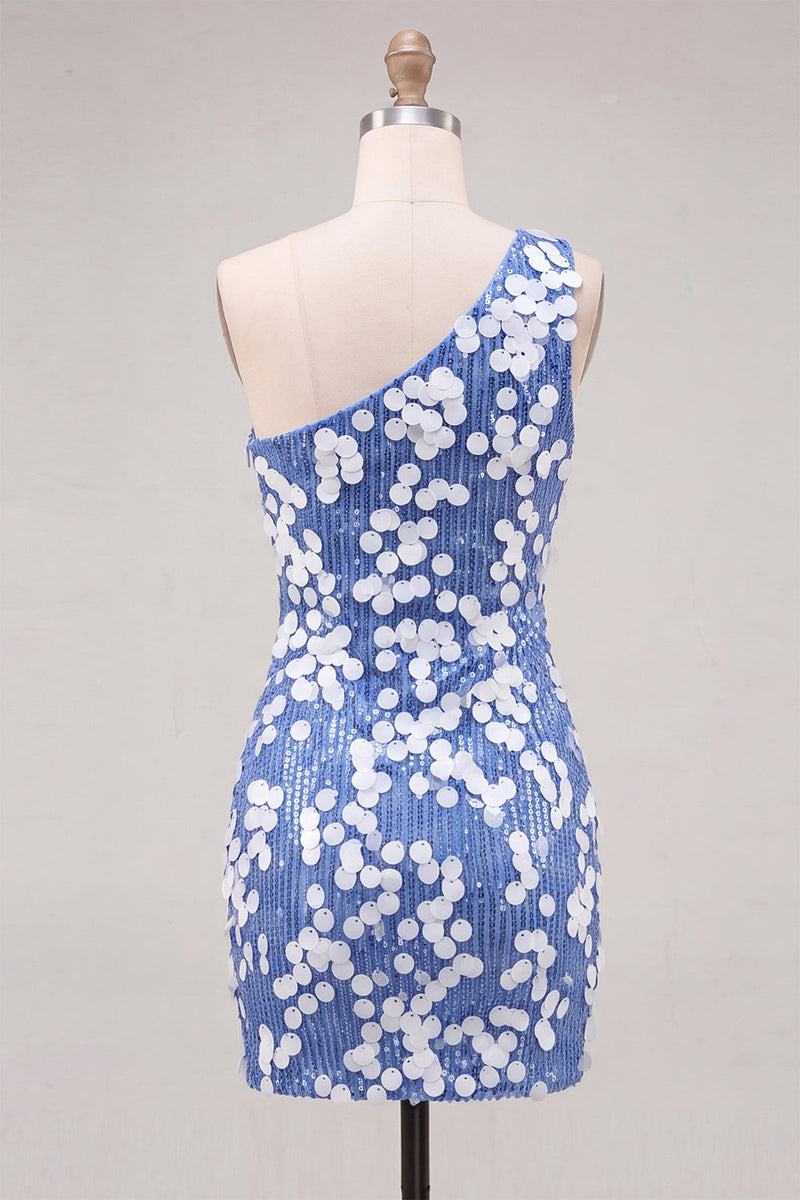 Load image into Gallery viewer, Sparkly Blue Sequin One Shoulder Tight Short Cocktail Dress