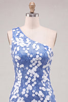Load image into Gallery viewer, Sparkly Blue Sequin One Shoulder Tight Short Cocktail Dress